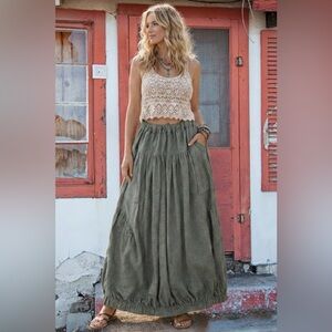 Yuvita Women's Linen Bubble hem-Maxi Skirt | A Line Pleated Balloon Size M Green